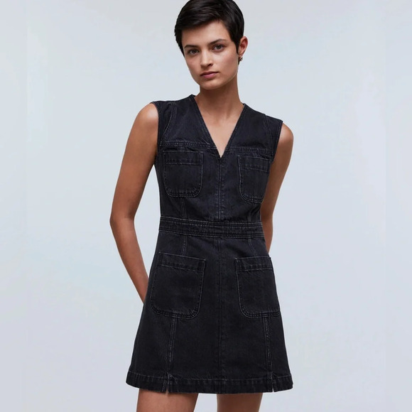 Madewell Black Denim Cap-Sleeve Mini Dress in Tarrybrook Wash Size 2 - Picture 1 of 6